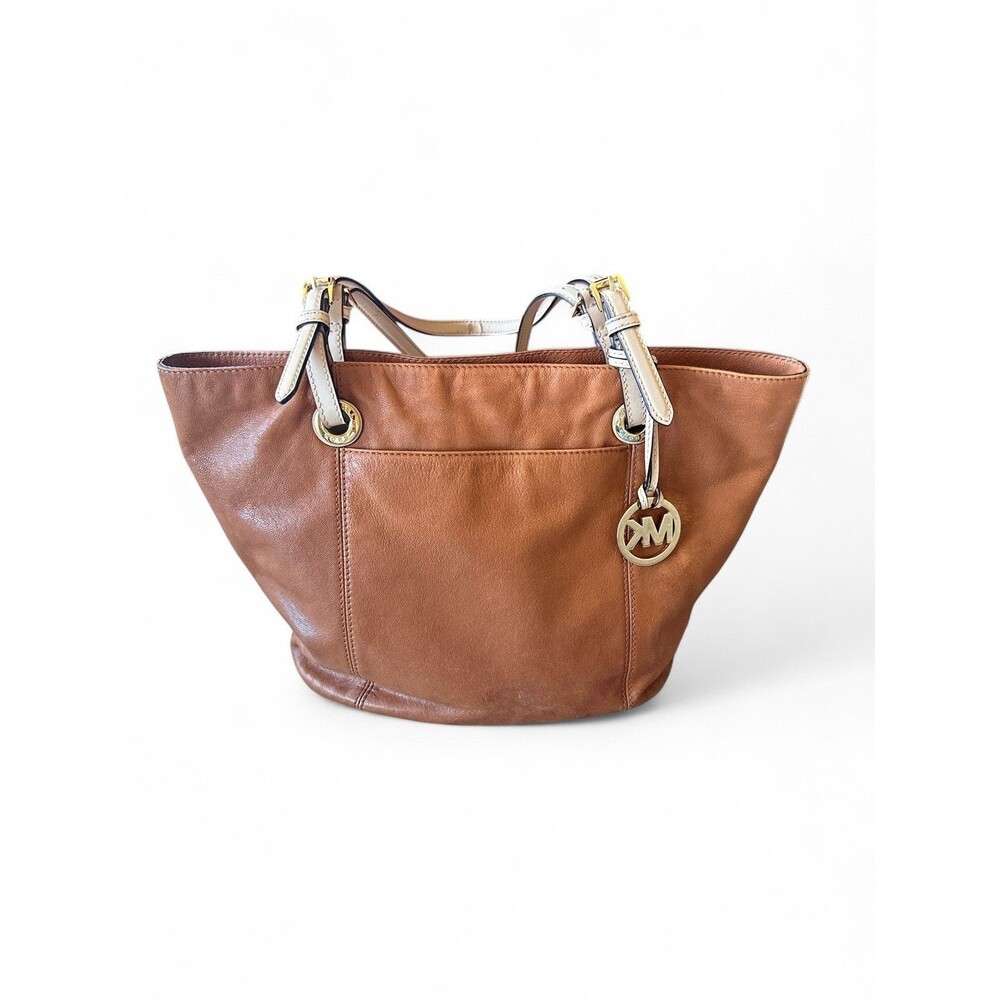 MICHAEL KORS Jet Set Women's MK LG Tote Bag Purse Brown Leather Beige 38T5CTTT7L
